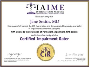 Image: example of the certificate issued to Certified Impairment Raters.